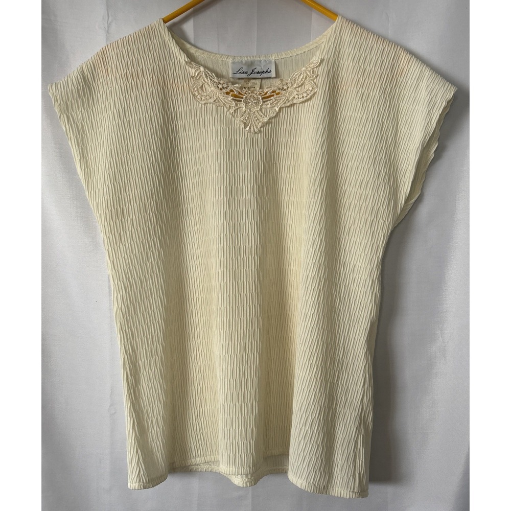 Lisa Josephs Ivory‎ Cap Sleeve Crepe Embroidered Lace Neck Polyester Blouse M